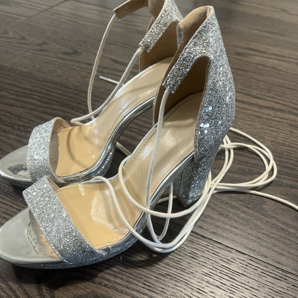 Silver sparkly wedge heels with tie straps